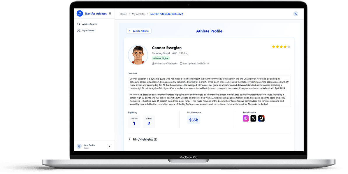 A computer showing a scouting report for a transfer athlete