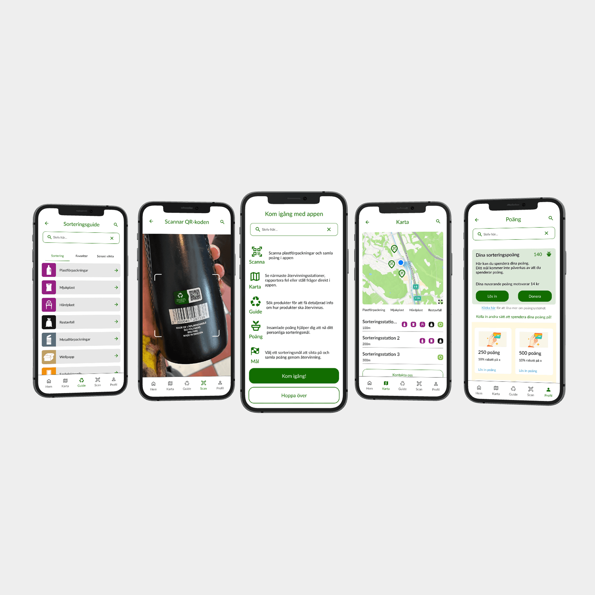 First project, five phones showcasing, sort guide, scan function, onboarding steps, map and point system.