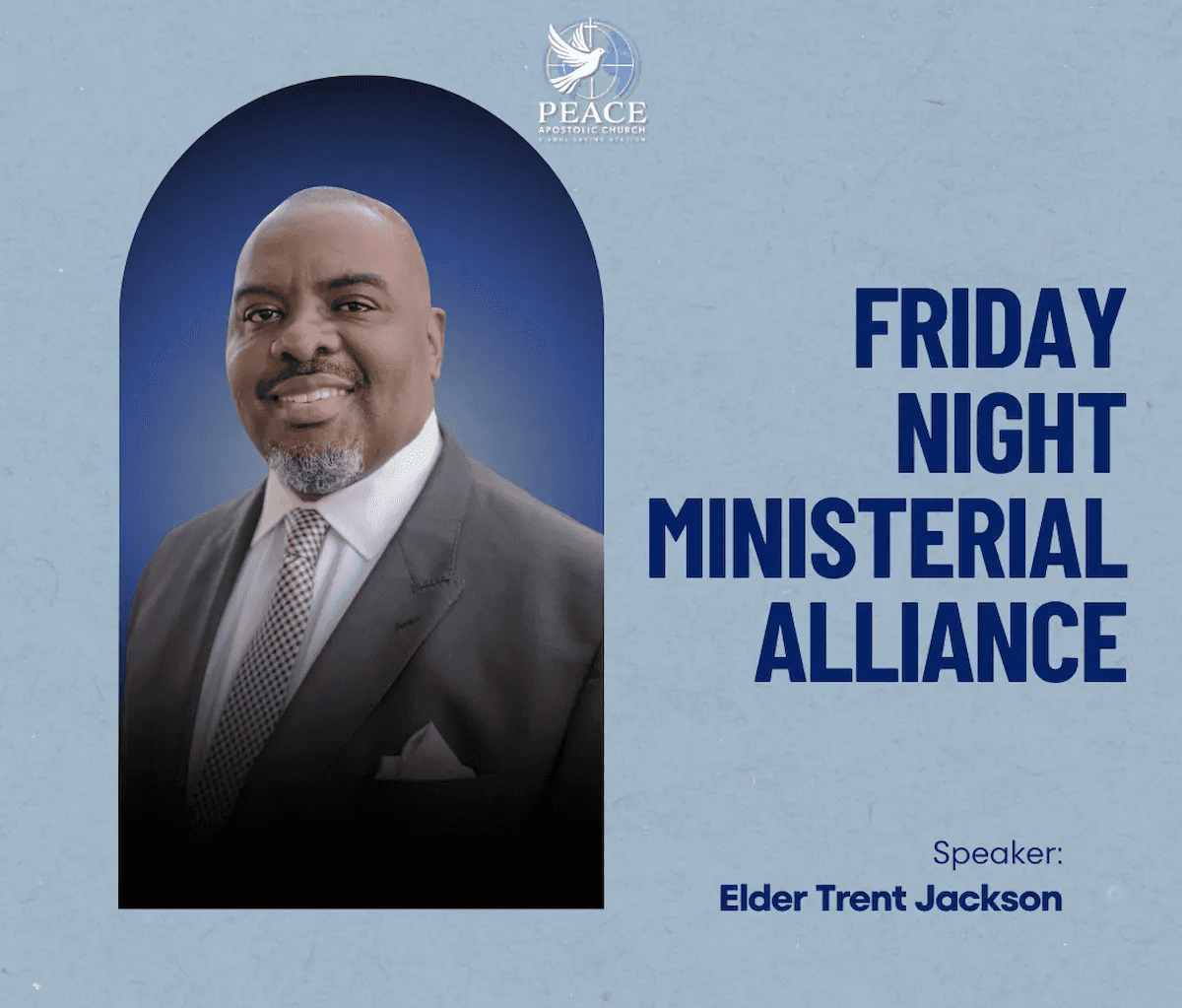 Elder Jackson smiles confidently beside bold text reading "Friday Night Ministerial Alliance" on a promotional graphic for the monthly online ministry gathering.