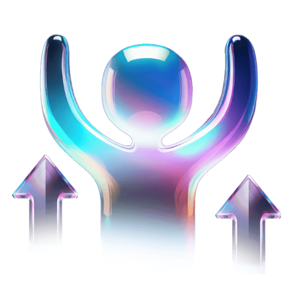 A stylized, colorful figure with raised arms and upward arrows, symbolizing growth and empowerment.