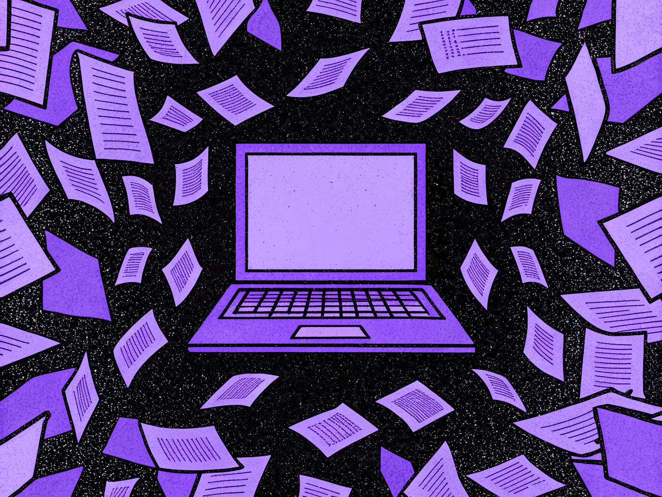 A digital illustration with a predominantly dark background and a central laptop computer, surrounded by numerous papers in shades of purple. The papers are scattered throughout the image, creating a sense of being in a chaotic, paper-filled environment. The laptop is a common computer design, with a screen and a keyboard layout. The papers vary in size and are layered in a way that gives a sense of depth and density to the scene. The papers are scattered in a seemingly random distribution.