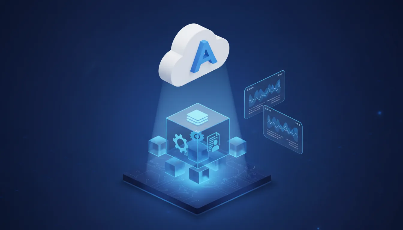3D infographic render of a Microsoft Azure Virtual Desktop concept, isometric perspective, Blender style. A dark blue platform features a large white 3D cloud icon with a blue 'A' logo casting a soft volumetric light downwards. Below the light are several translucent blue cubes. In the center is a larger translucent cube with floating 3D gear and document icons. To the right, two floating glassmorphism UI windows display abstract line graphs with placeholder data. The scene has soft global illumination, subtle floating shadows, and uses a monochromatic blue color palette against a deep blue gradient background.