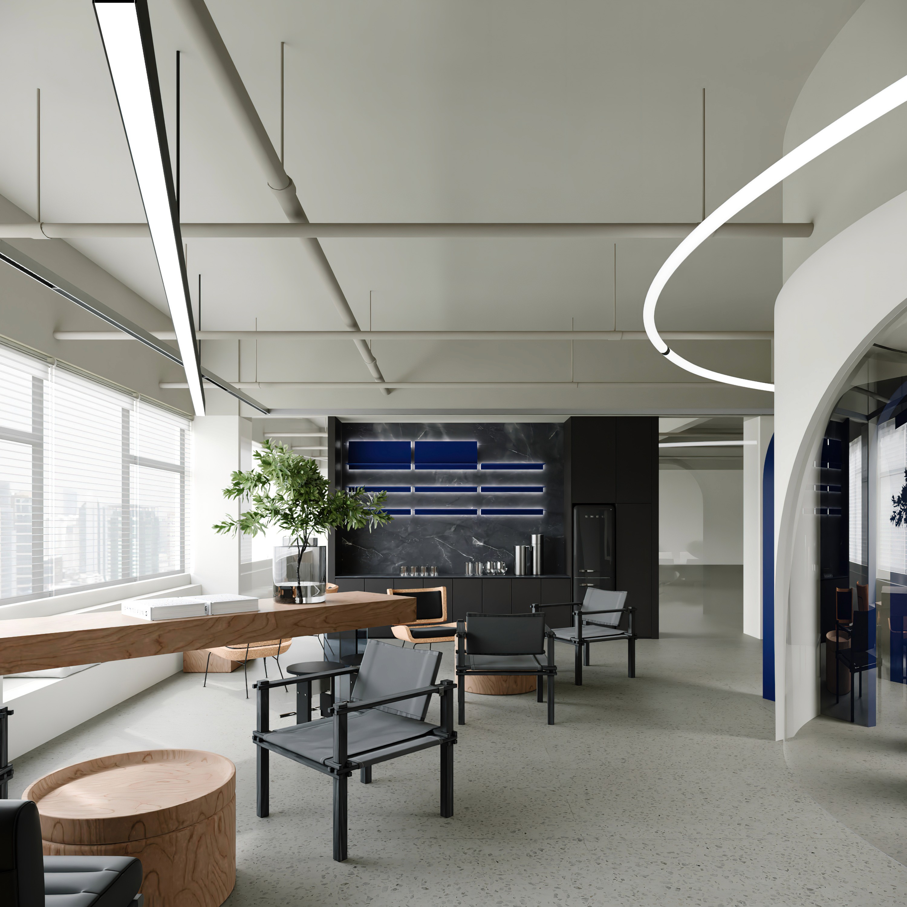 Sophisticated commercial renovation featuring a conference room with acoustic glass walls