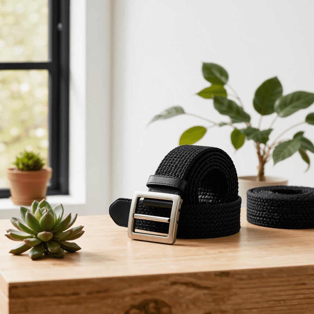 product photography of a pair of adjustable belts with a rectangular buckle