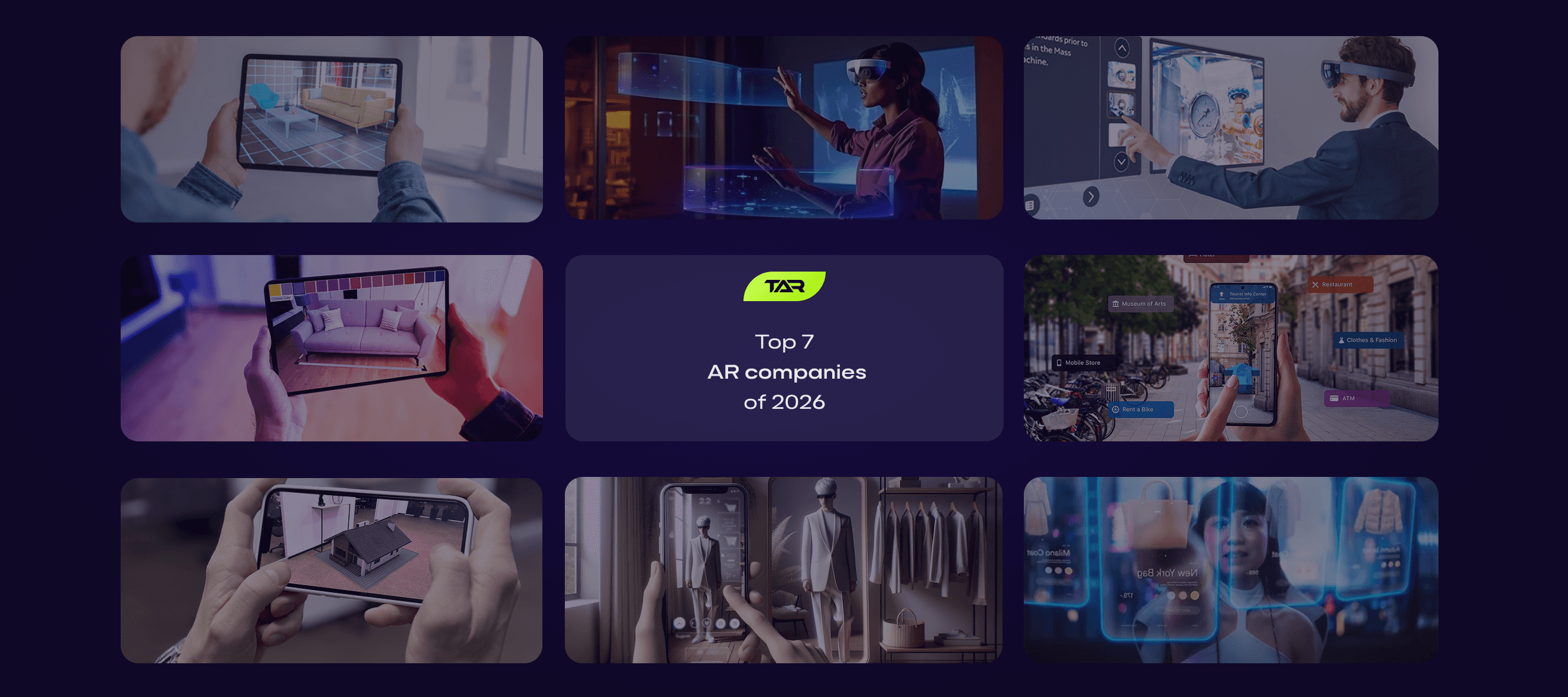 Collage showcasing immersive augmented reality experiences, featured in the article 'Top 7 AR Companies of 2026' by Takeaway Reality. The image highlights various applications of augmented reality (AR) technology, including virtual furniture placement, interactive retail displays, and city navigation enhanced with AR overlays. Central to the collage is the title 'Top 7 AR Companies of 2026,' emphasizing the innovative contributions of leading AR companies. As a pioneer in augmented reality development, Takeaway Reality explores advancements by top augmented reality companies that are transforming industries through AR solutions. This cover photo represents the future of AR development, showcasing its potential in revolutionizing user experiences across multiple sectors.