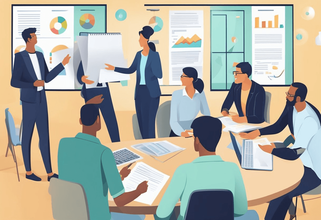 A group of professionals engaged in a constructive feedback session, exchanging ideas and discussing recruitment strategies