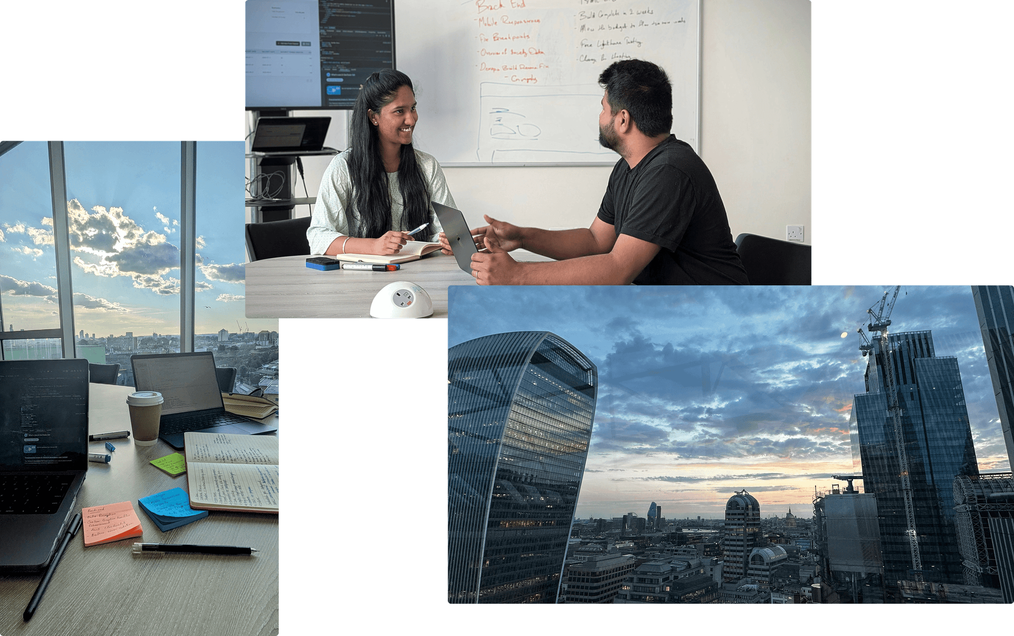 Collage of images: London skyline, B2 digital cofounders and teams working