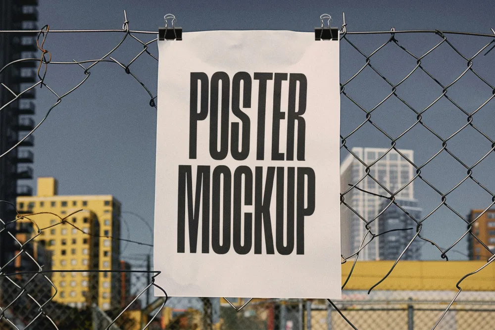 Urban poster mockup featuring a yellow sheet clipped to a chain-link fence. Background showcases a cityscape with modern buildings and a clear blue sky, emphasizing an industrial vibe.