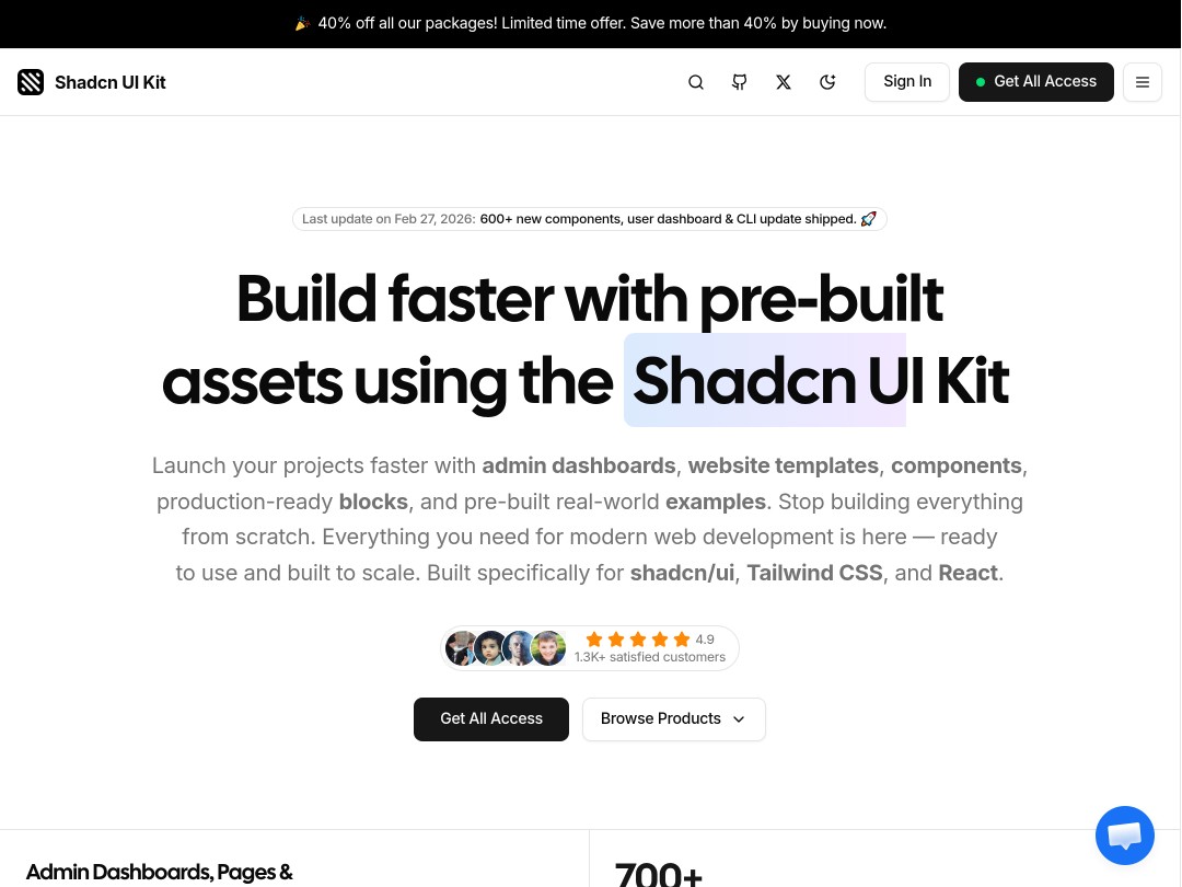 "Shadcn UI Kit: Pre-built assets for rapid web project launch."