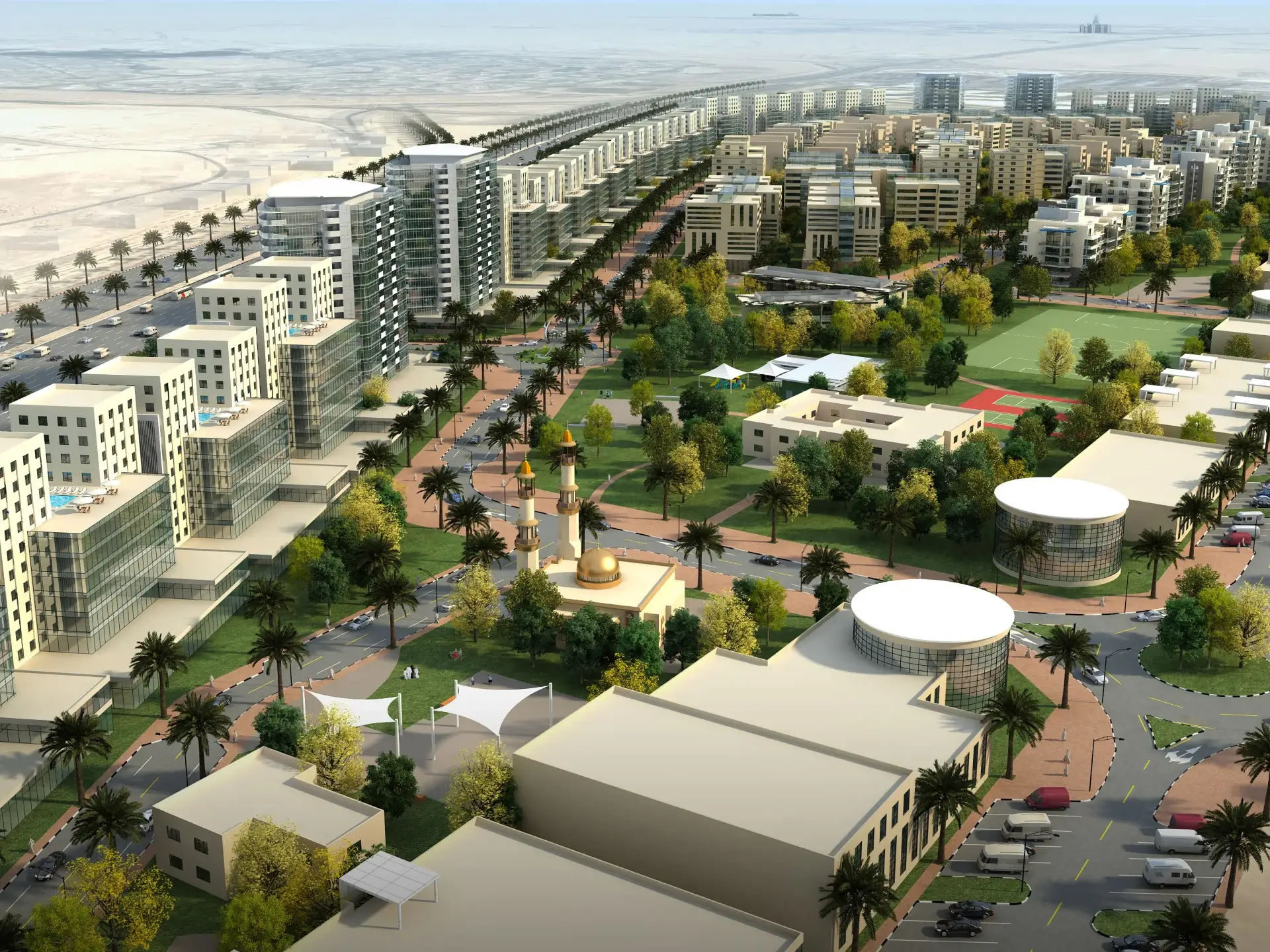 Aerial view of a master-planned community in Nad Al Hamar featuring residential blocks and green spaces.