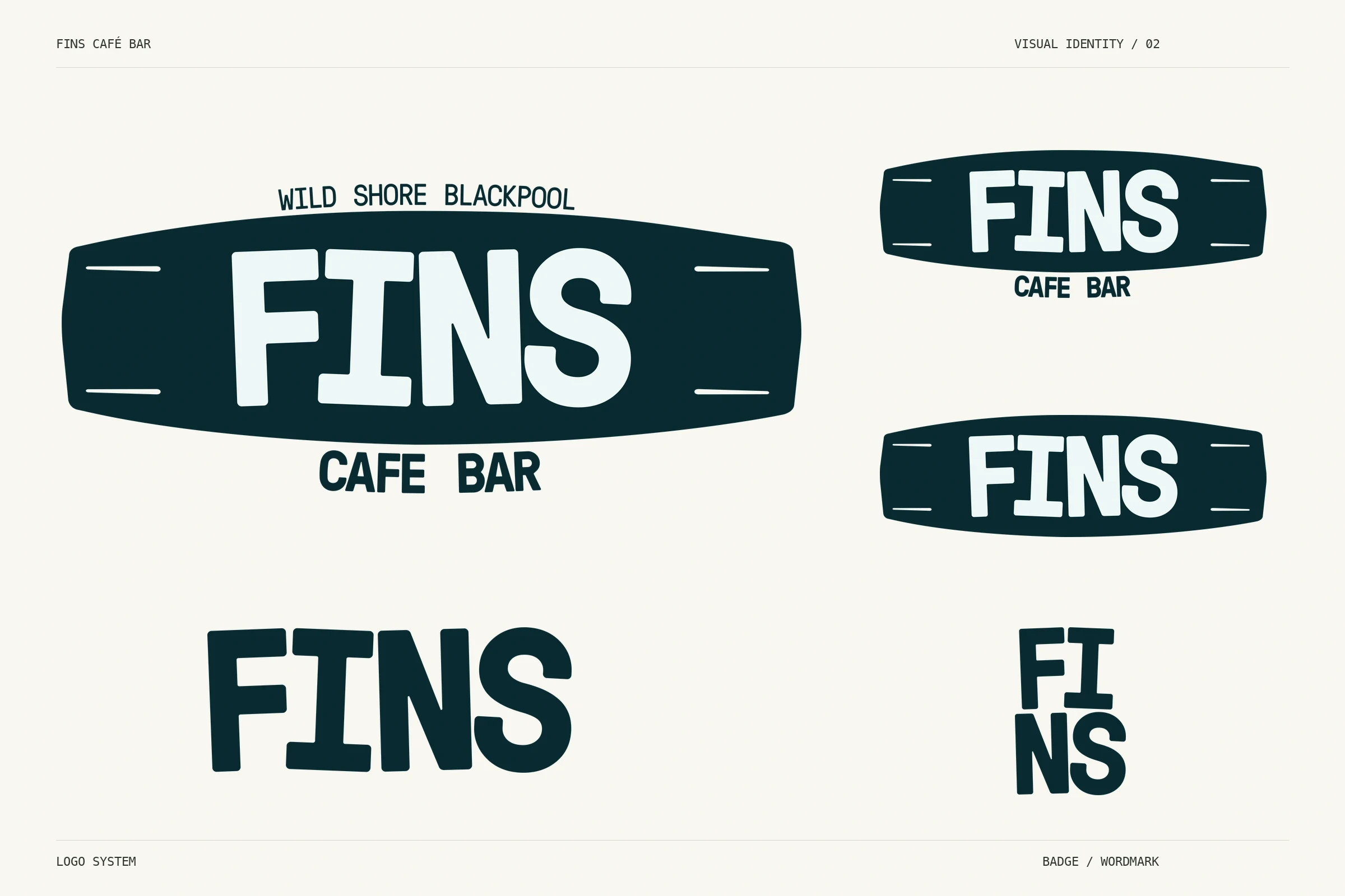FINS Café Bar editorial logo system. Deep green badges with pale lettering and matching wordmarks, showing five supplied logo variants.