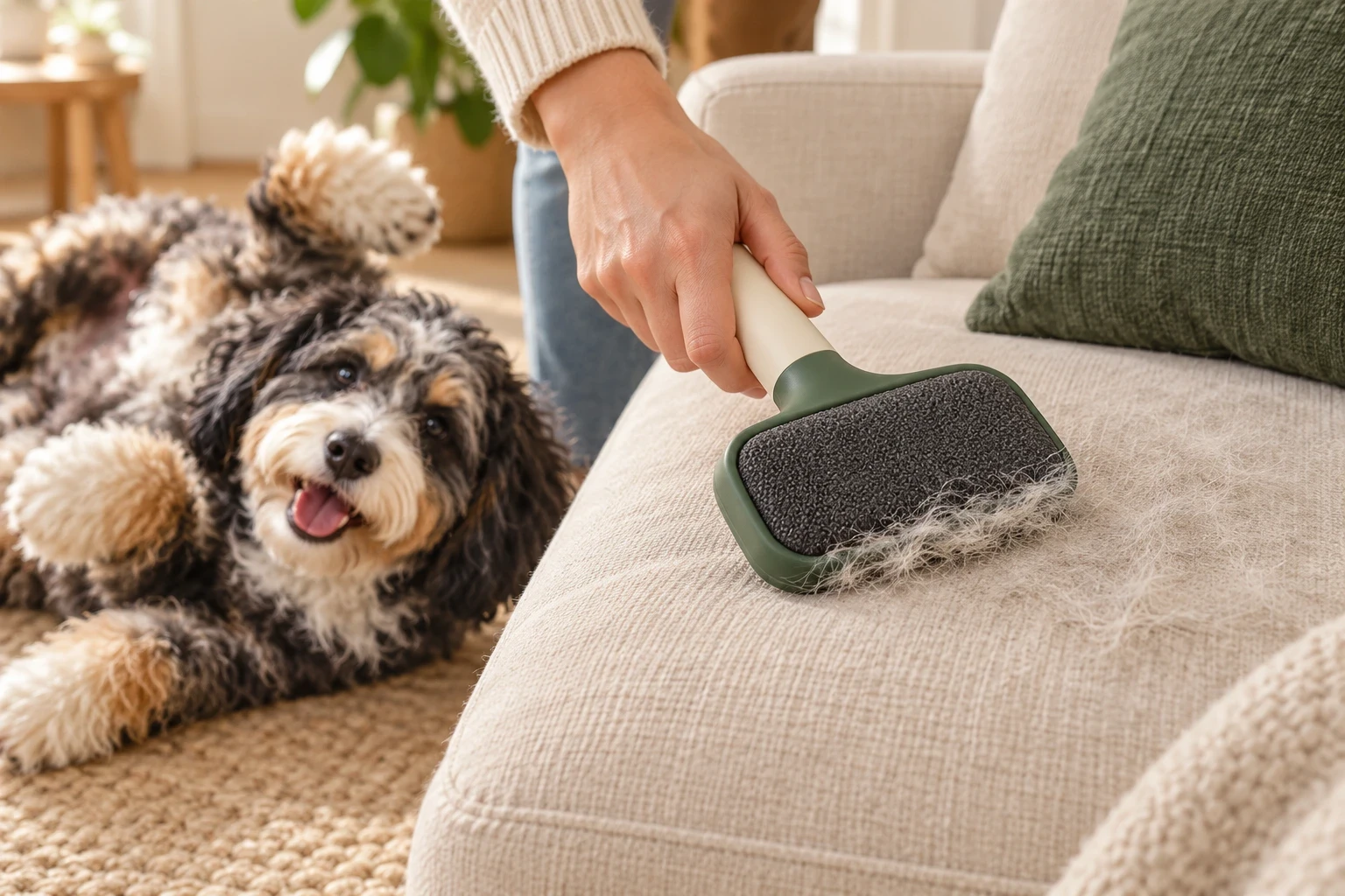 Fur Sweep removing pet hair from a sofa cushion while a playful Mini Bernedoodle rests nearby.