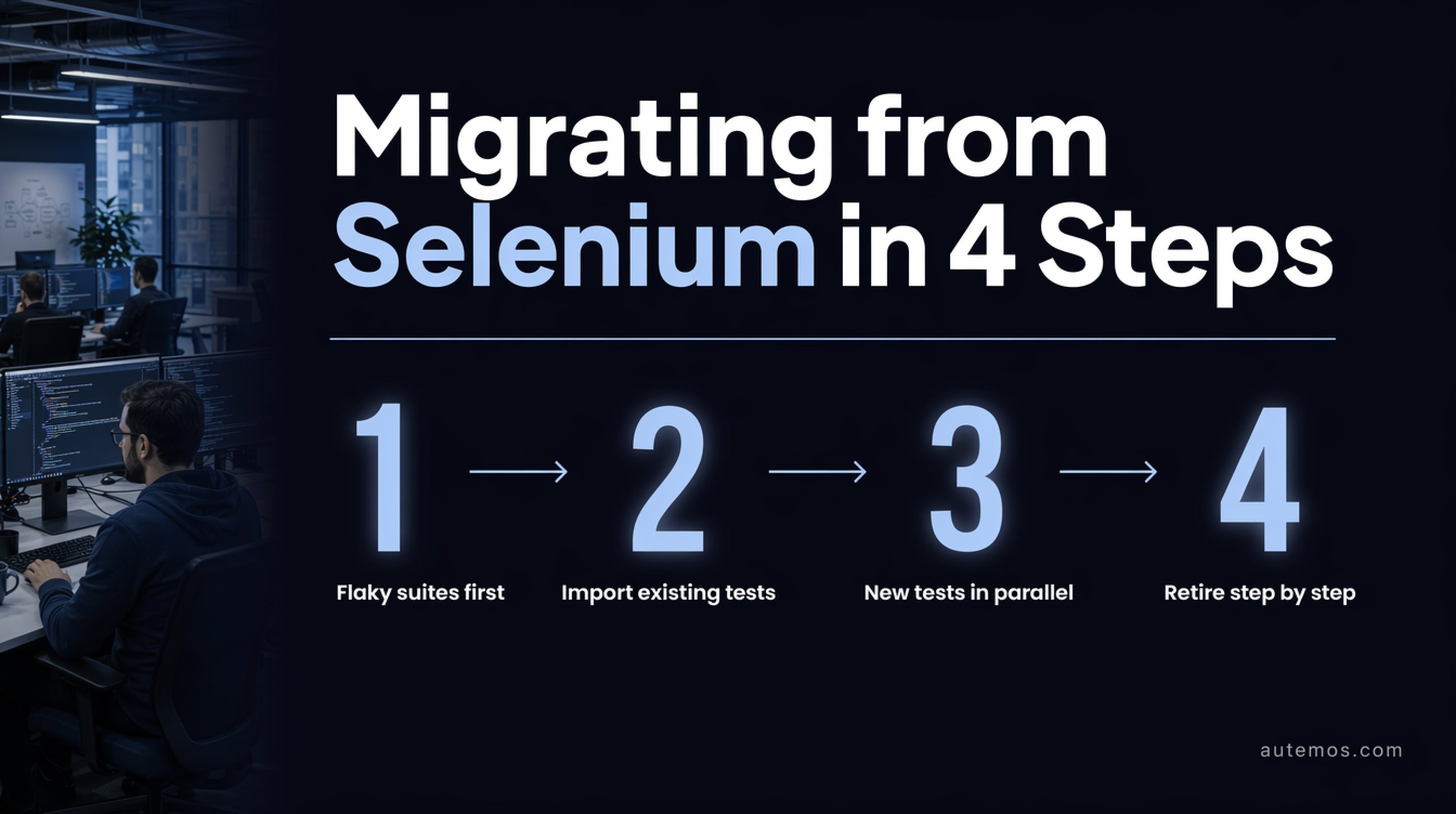 Process diagram: migrating from Selenium in four steps – flaky suites first, import existing tests, new tests in parallel, retire step by step.