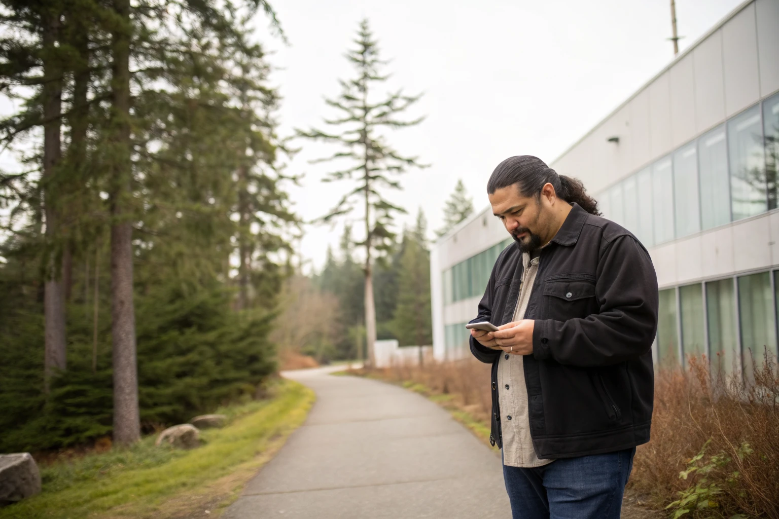Community member reading information on his phone on a path outside a modern community building