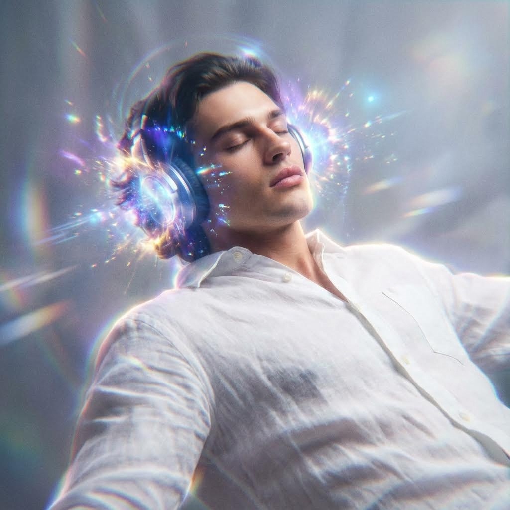 Prompt: "surreal cinematic close-up shot of a young man's upper body and face as he floats mid-air in his bedroom, head tilted back slightly, glowing headphones radiating surreal light bursts and shimmering artifacts. His white linen shirt drifts in slow-motion folds, while books, paper, and a smartphone hover nearby, caught in surreal zero-gravity. The background remains softly blurred, with faint moonlight rays streaking in from the window. Ethereal and surreal style with chromatic aberration, heavy film grain, glowing contours, motion blur streaks, soft bloom, lens flares, hazy atmosphere"