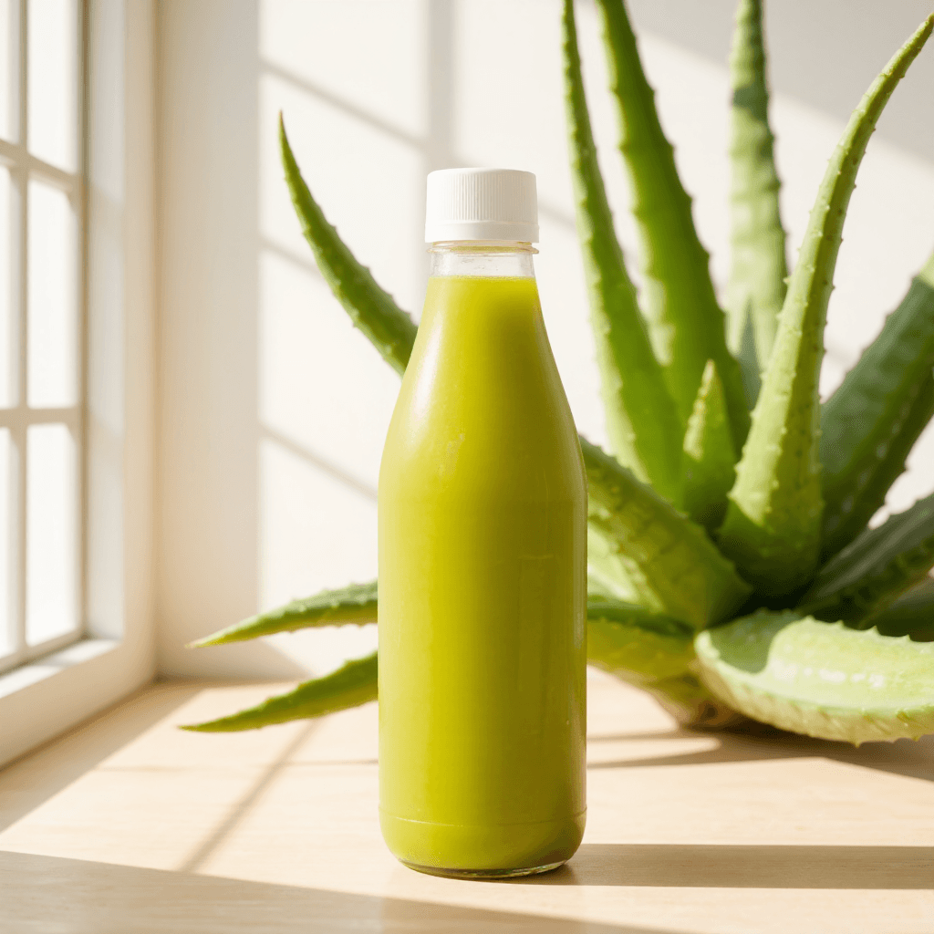 product photography of a bottle of aloe vera juice, used as a nutritional supplement