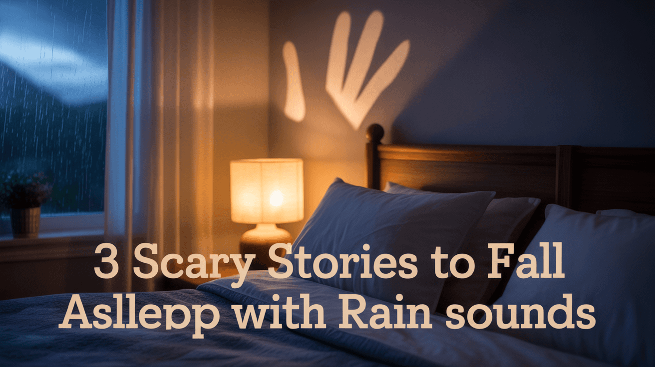 Cozy bedroom with shadow hand on wall rain window and 3 Scary Stories to Fall Asleep With Rain Sounds text