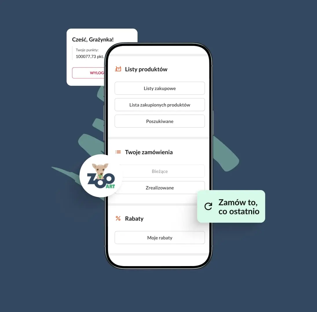 Mobile UI mockup for the ZooArt app, showcasing lists of products, orders, and discounts, with a floating "Order what you recently bought" button.