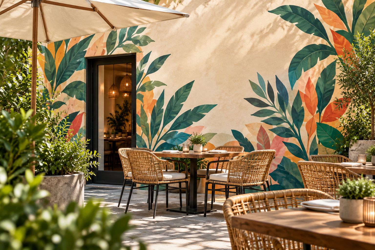 Botanical patio mural arranged around a doorway and viewed behind tables and planters
