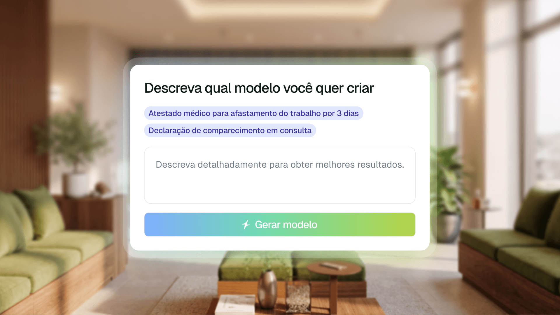 Tela da funcionalidade de geração de documentos da Tivita, exibindo um modal com a pergunta "Descreva qual modelo você quer criar" e sugestões como atestado médico, avaliação psicológica e declaração de comparecimento, recurso disponível para clínicas que automatizam sua Central de Documentos&nbsp;