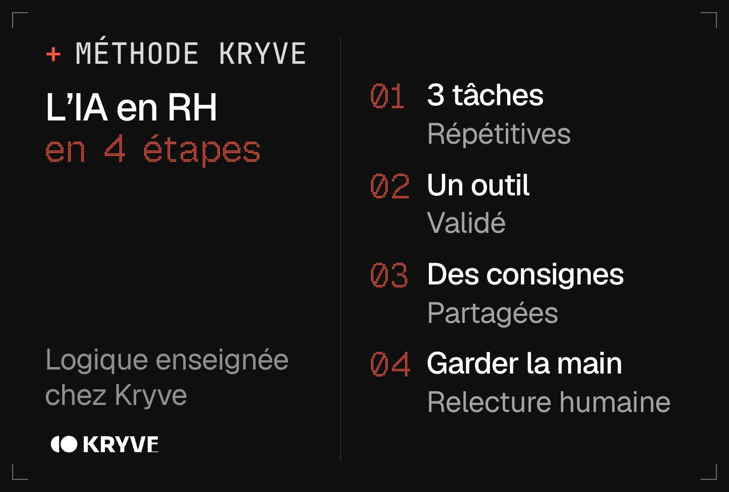 Schéma : démarrer avec l'IA en RH en 4 étapes, 3 tâches, un outil, des consignes, garder la main
