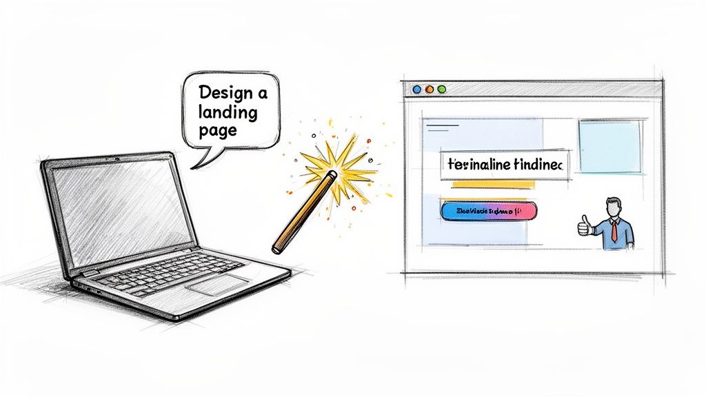 A laptop asking to 'Design a landing page,' magically generating a website layout with a thumbs-up.