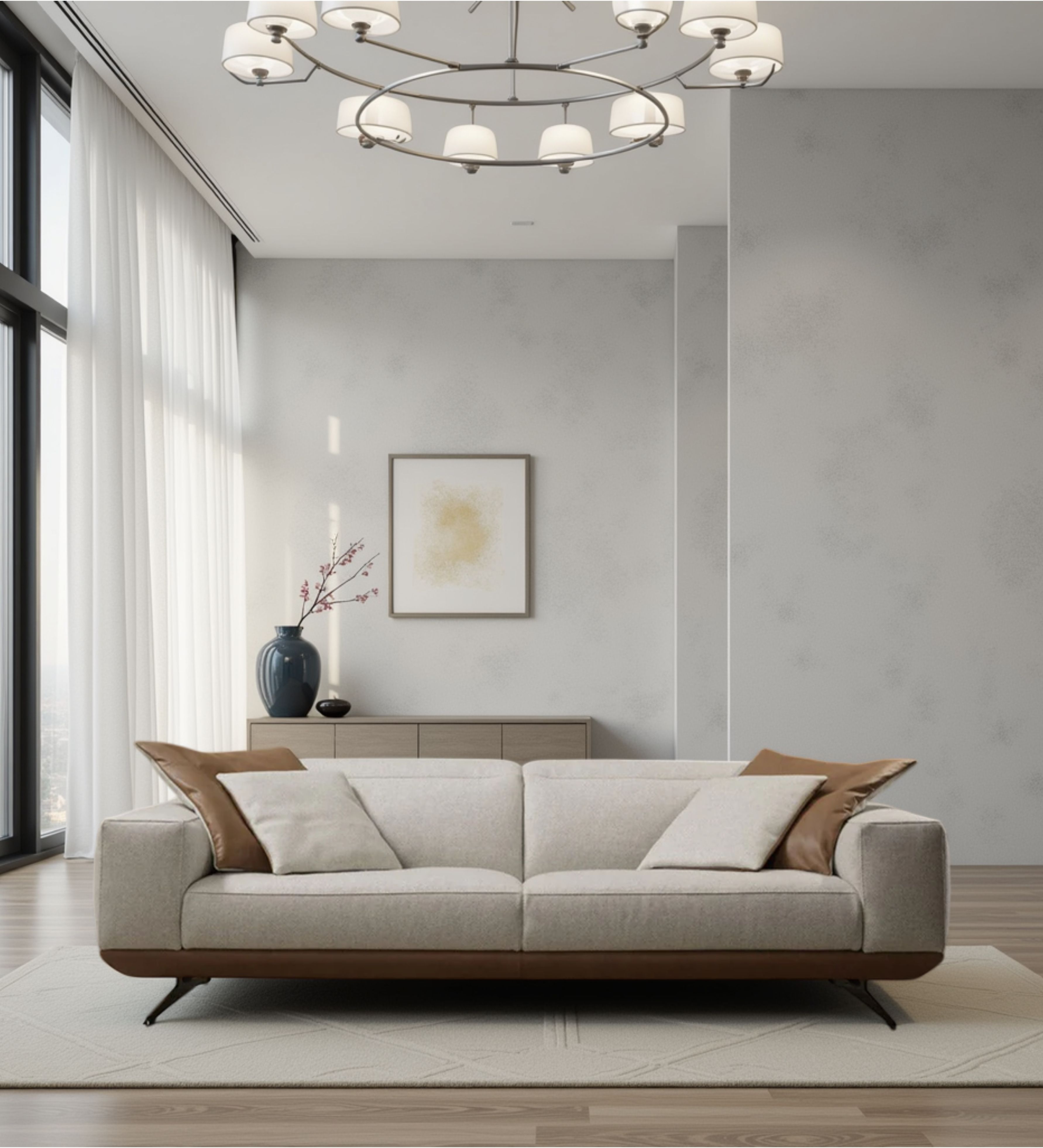 Wide upholstered seating with layered cushions and contrasting brown fabric accents