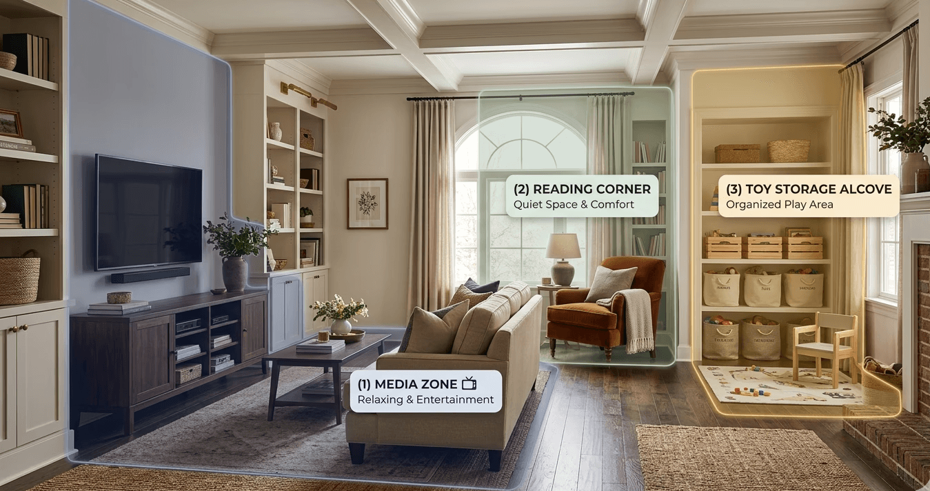 This image features a warm, modern traditional living room with a professional planning overlay that defines three functional zones using soft, translucent color coding and clean labels.