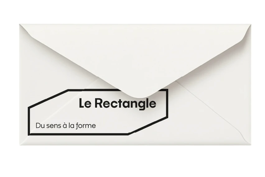 Logo Le Rectangle imprime sur une enveloppe blanche avec la signature Du sens a la forme.