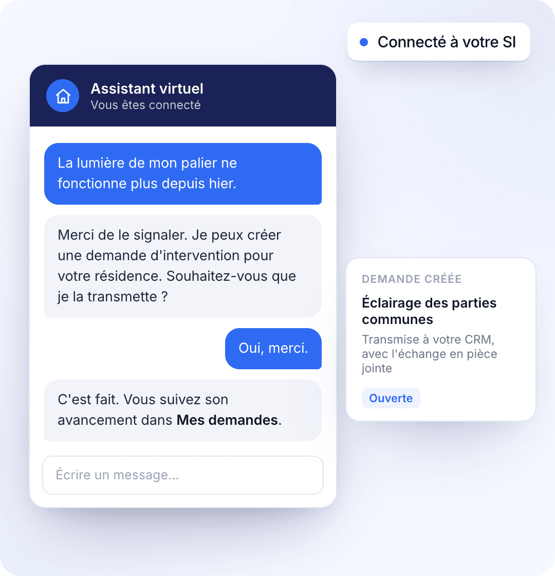 Conversation : le chatbot crée une demande d’intervention transmise au CRM du bailleur