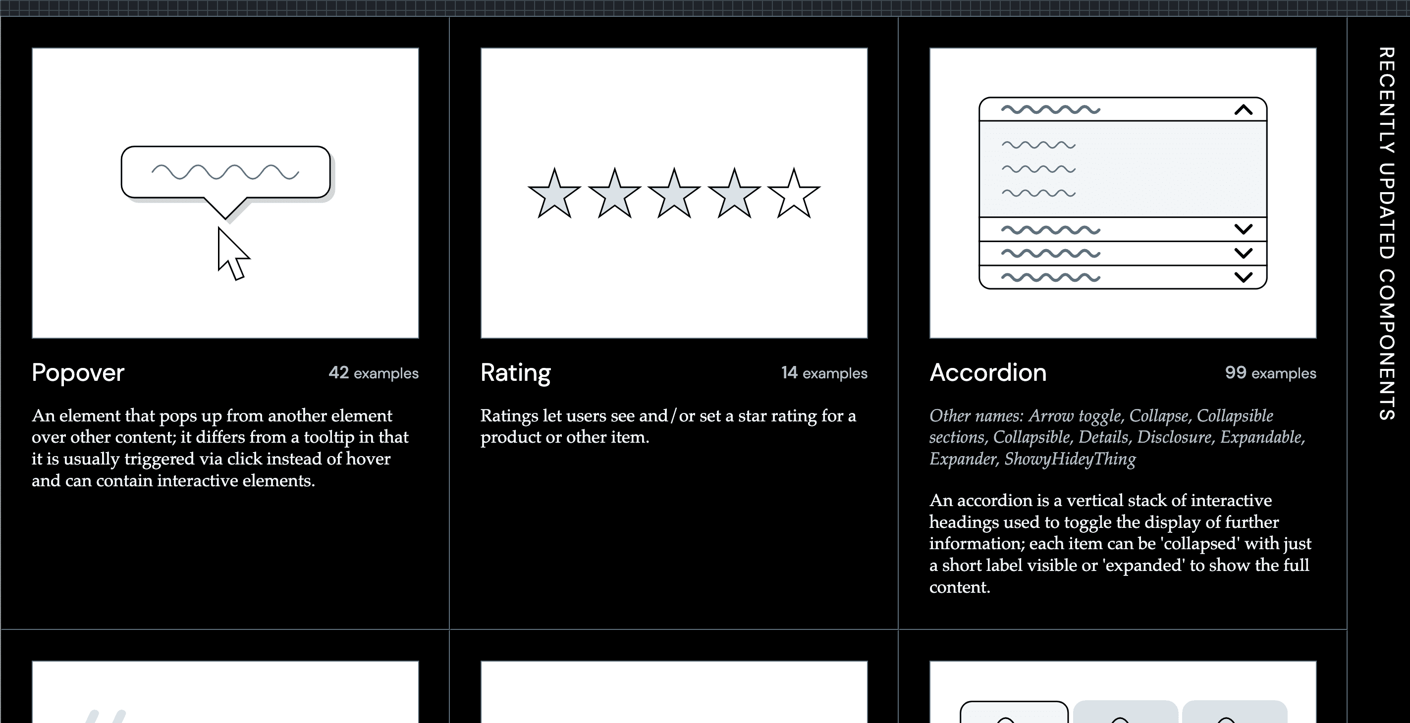 Component gallery screenshot showing Popover, Rating, and Accordion examples.