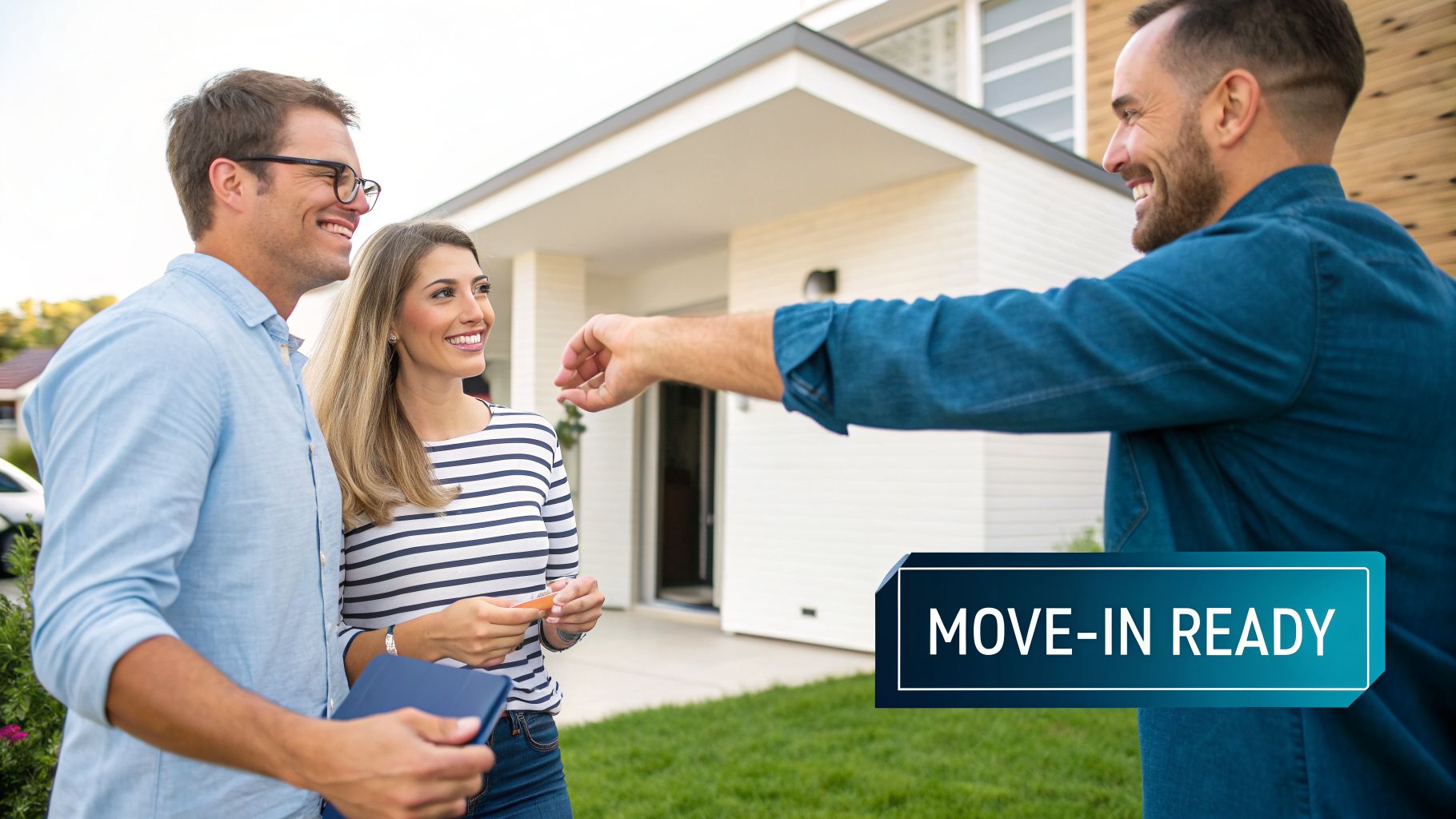 Happy couple and realtor in front of a modern 'move-in ready' house, discussing keys.