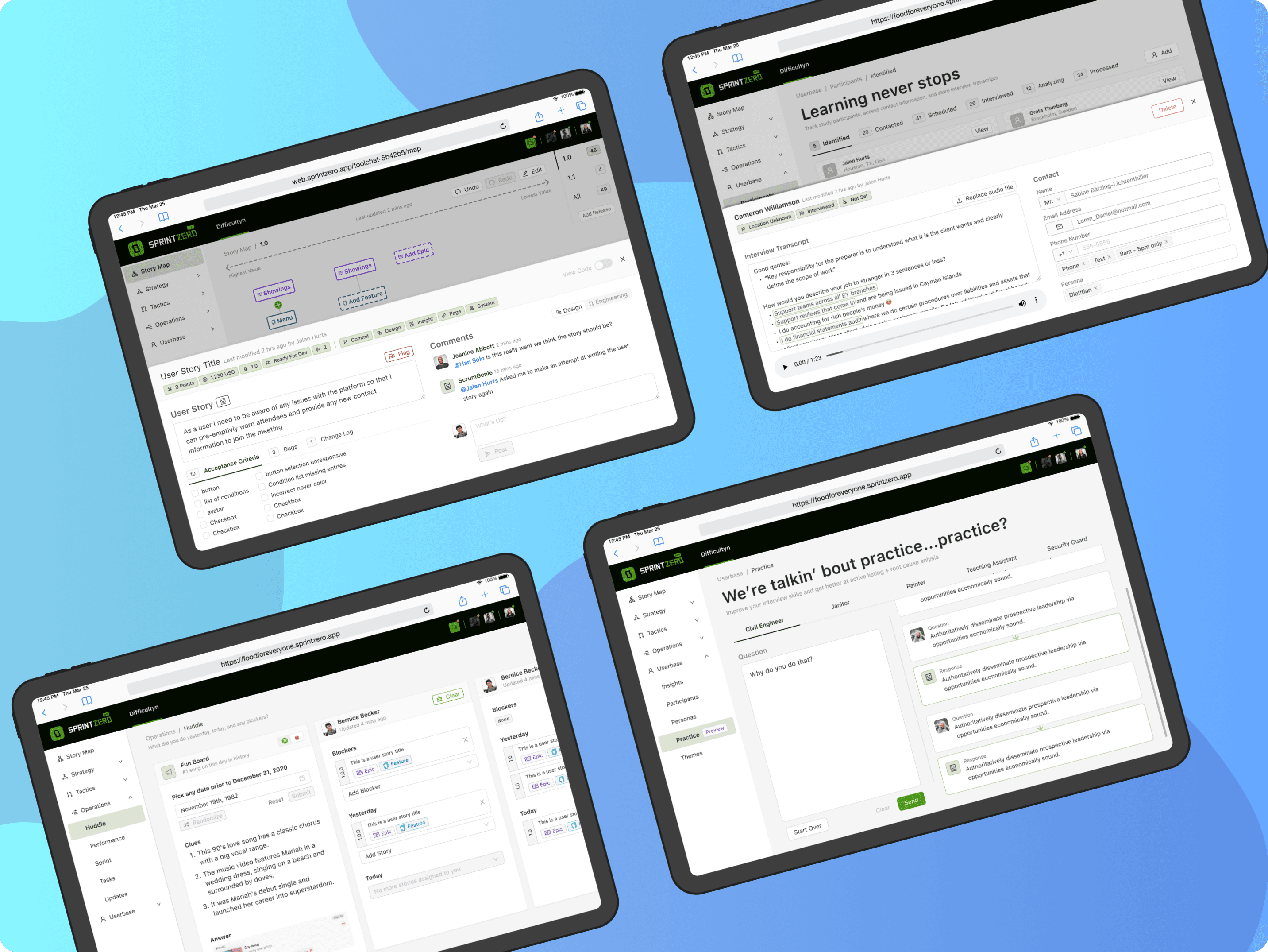 Three tablet screens displaying different interfaces of the SprintZero application, showcasing dashboards and agile team management tools with a blue background.