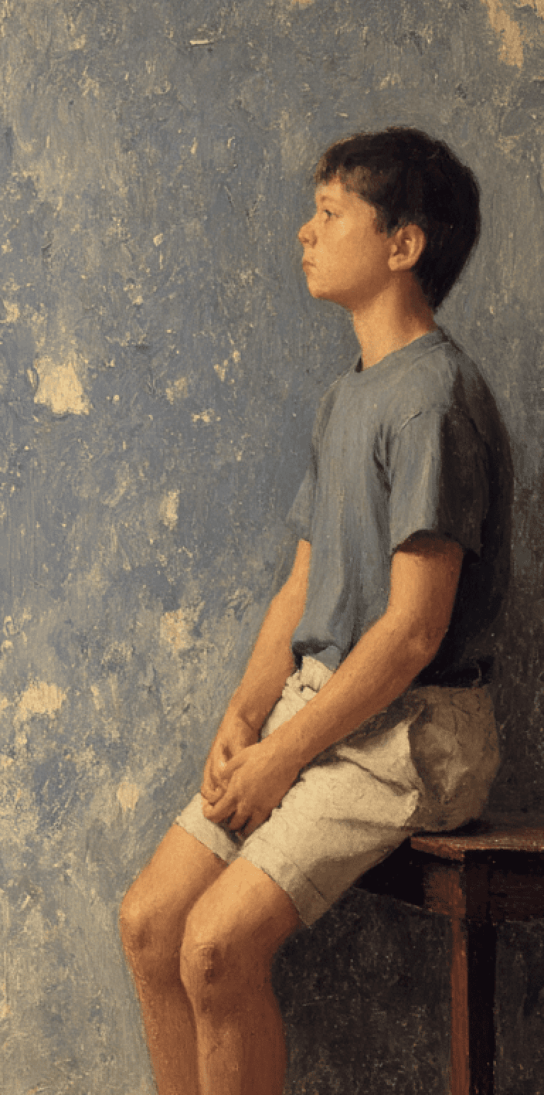 A contemplative child facing an abstract form, representing the internal effort of learning to read and the difference between phonics instruction and true phonemic awareness in developing readers.