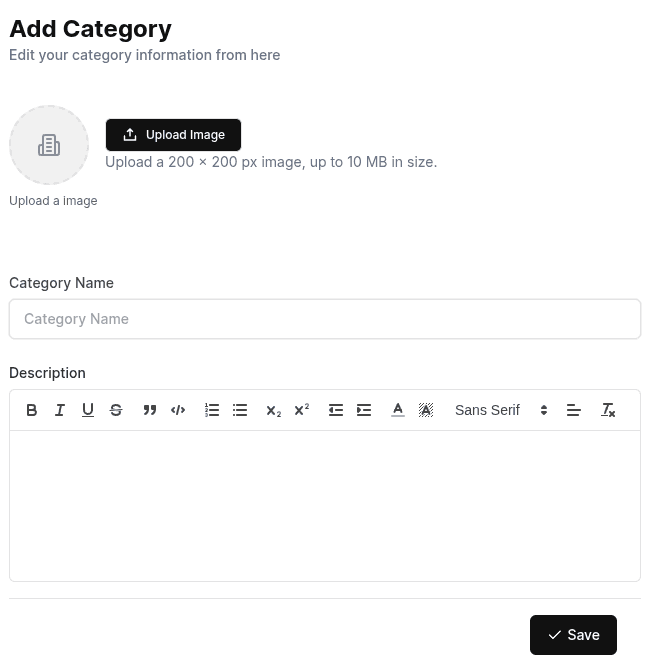 Add Category form with image upload, category name and description fields