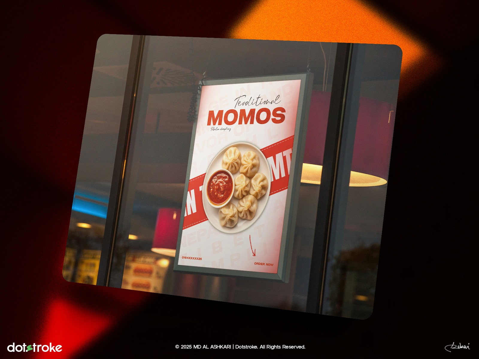 A professionally designed promotional poster for a momo platter. Features bold typography, delicious