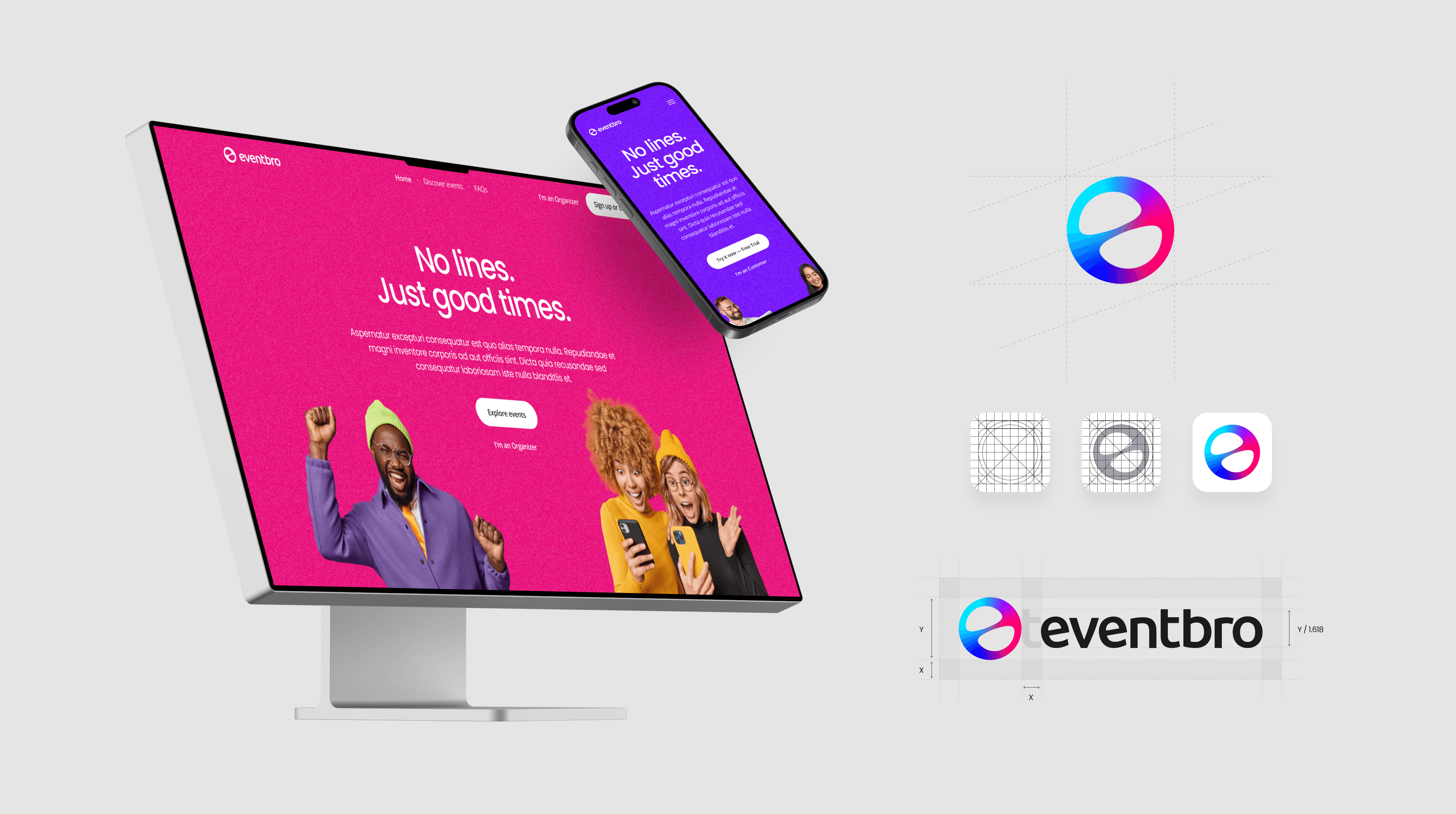 An overview of the Eventbro branding, including the website on a desktop monitor, the mobile app, and the logo design with construction grids.