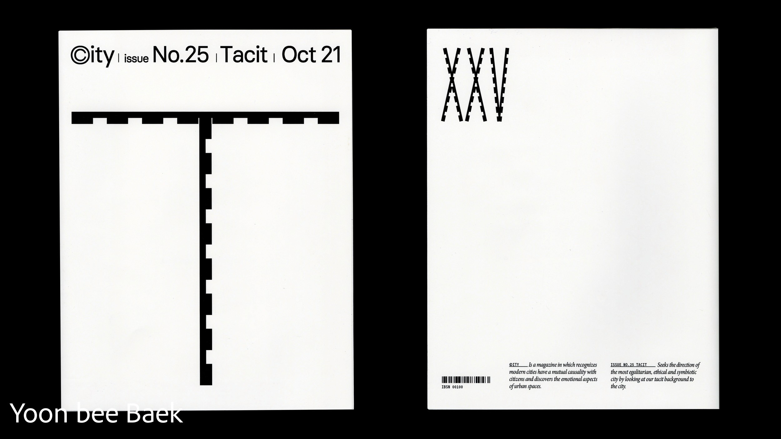 Magazine cover and back cover black text on white by Yoon Bee Baek