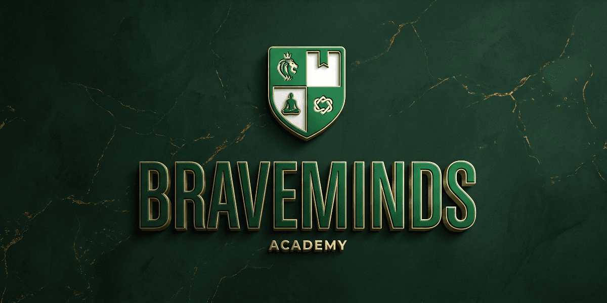 Dark green shield with symbols: a lion, a castle, a sitting figure, and a cloud. Below, "BRAVEMINDS" is in bold, with "ACADEMY" beneath it on a textured background.