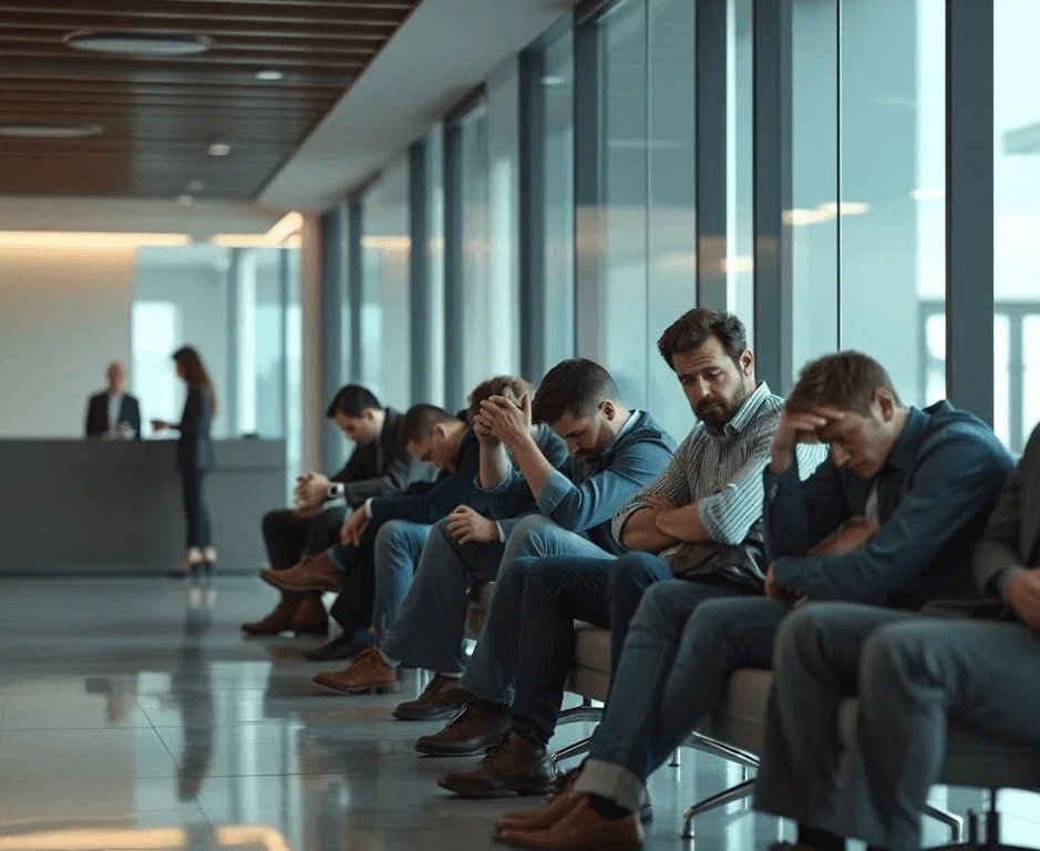 Bezoekers wachten aan receptie