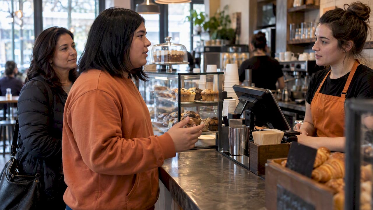Teen practicing a food order at a café counter