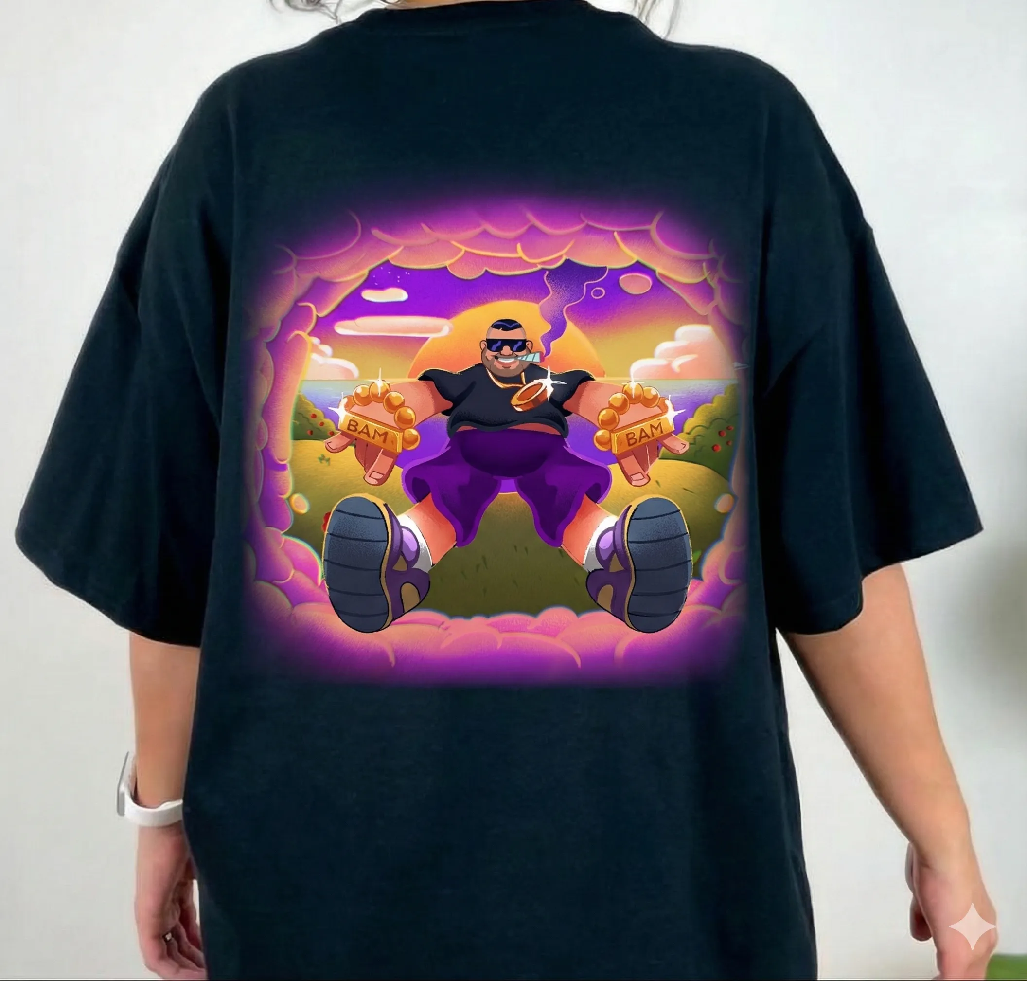 T-shirt featuring the BamBam Budz vibrant portal illustration printed on the back.