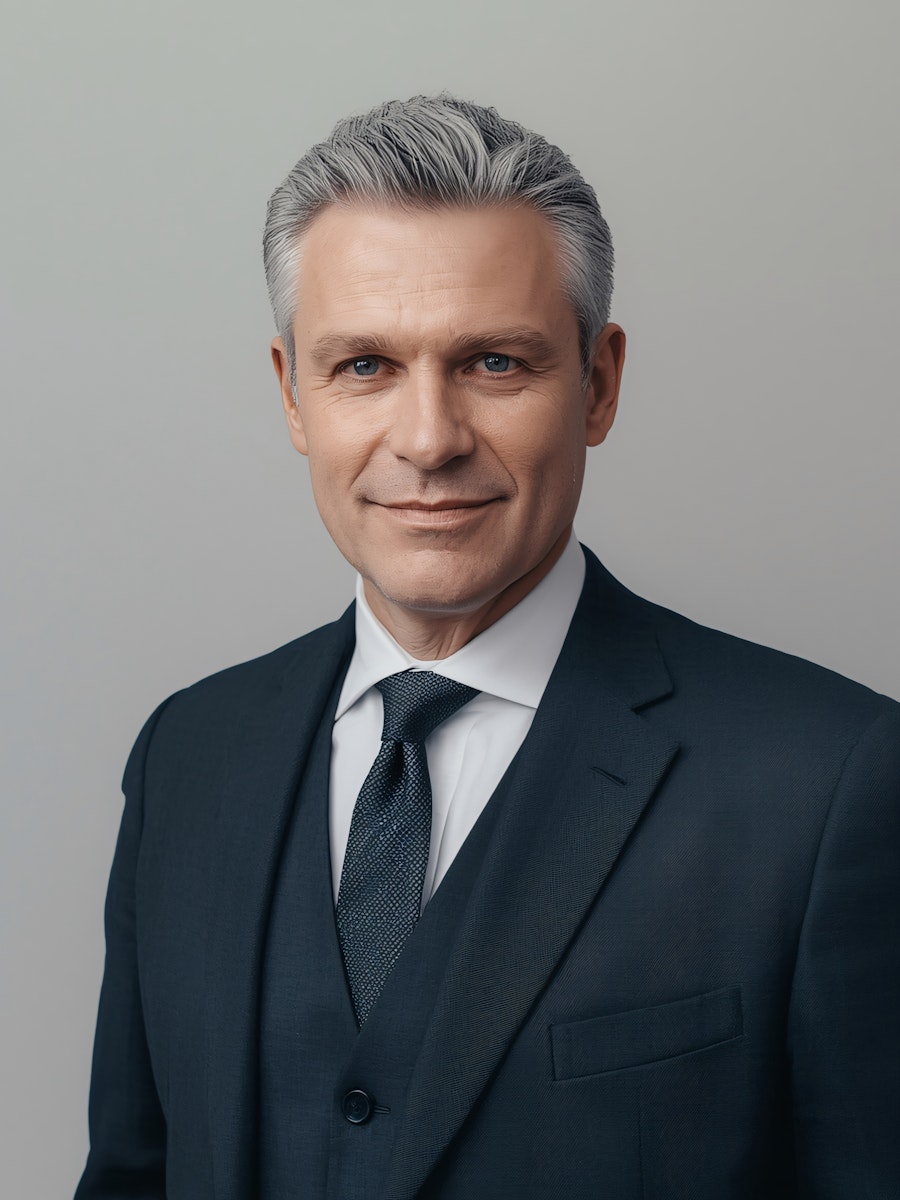 Elderly man in a dark suit and tie, with gray hair, smiles warmly against a neutral background, conveying professionalism and approachability.