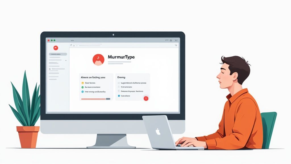 A close-up shot of a modern microphone on a desk next to a Mac keyboard, symbolizing advanced dictation.