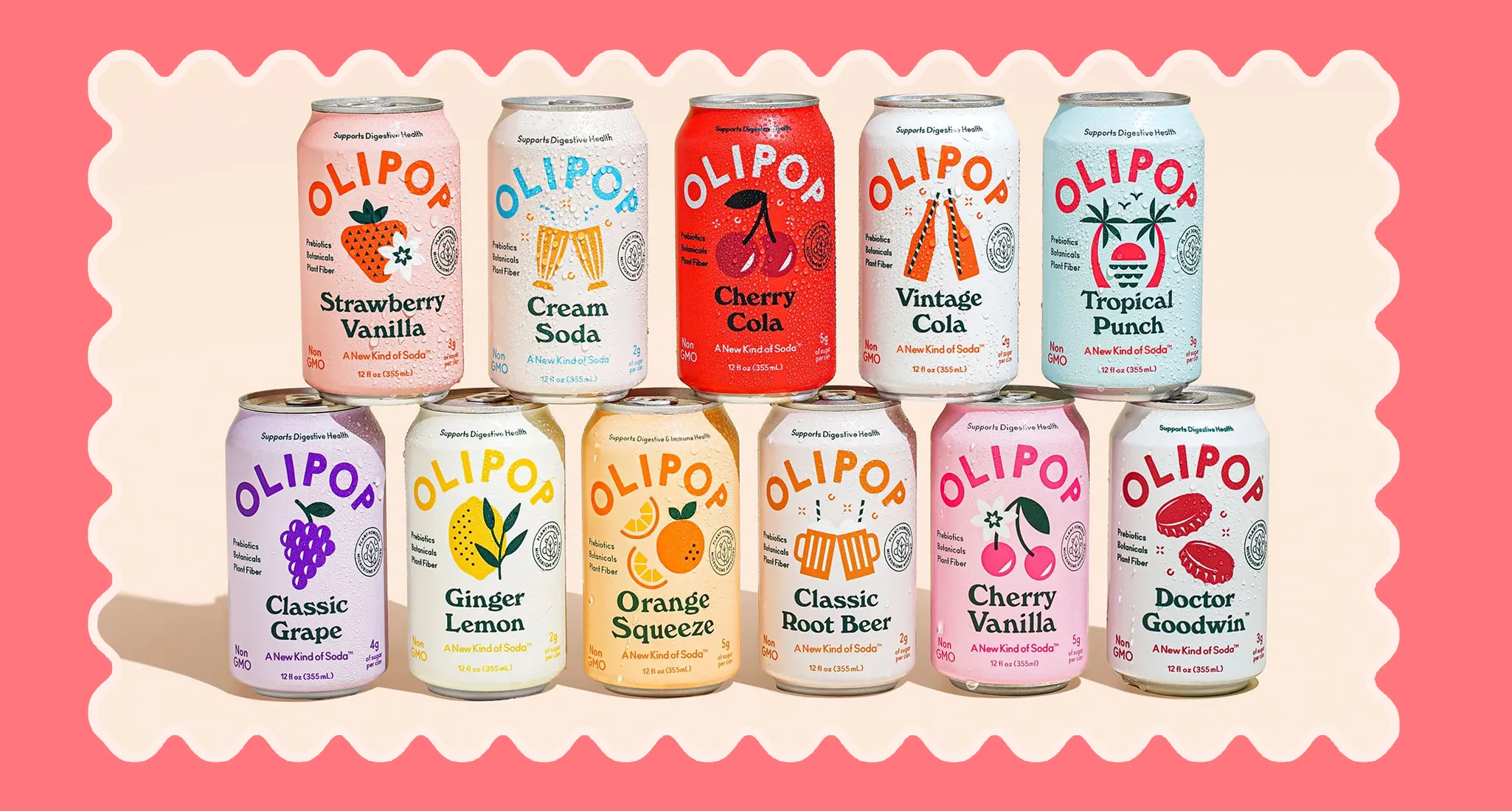 A hand pouring cherry vanilla flavoured soda from a colorful can in a tall glass, over a soft sky blue background, with two more cans on the side. Grape and Root Beer flavoured.