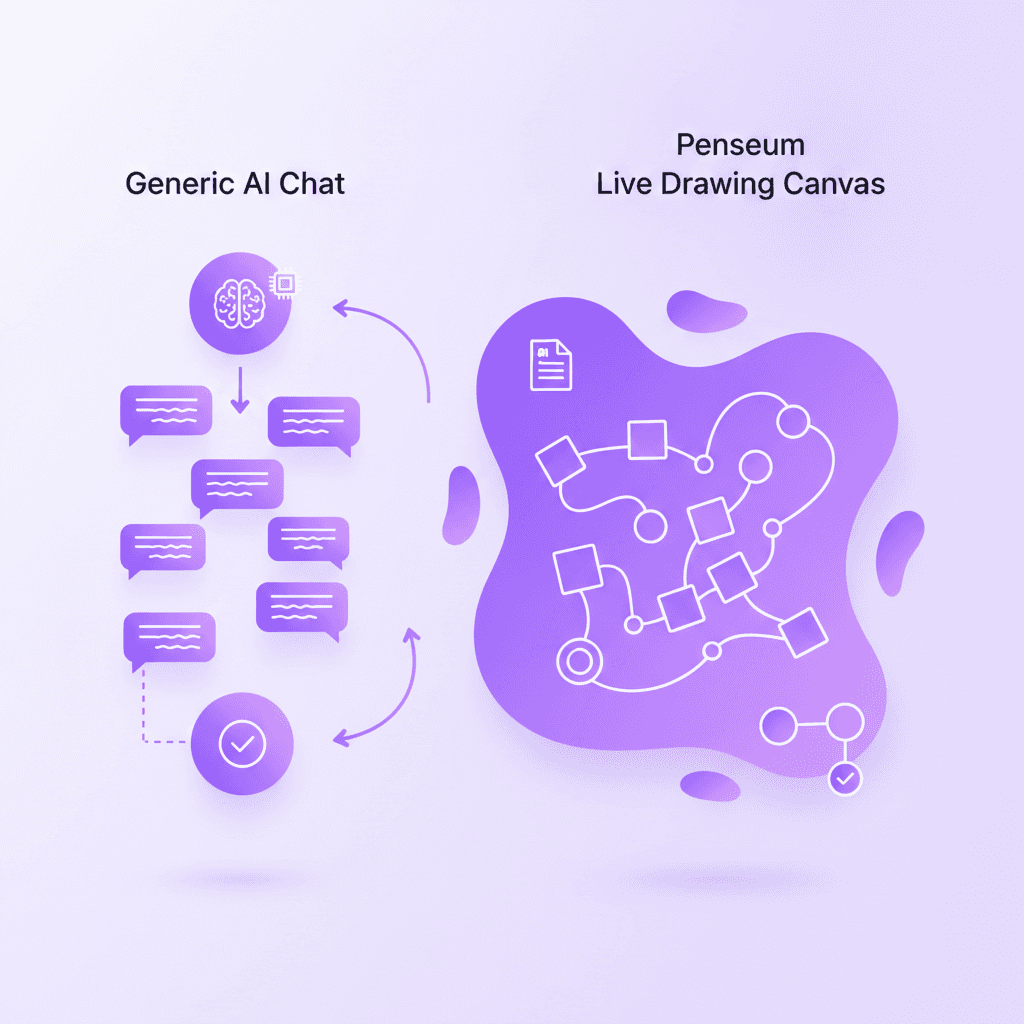 Comparison of Penseum's visual canvas against ChatGPT's text-only interface