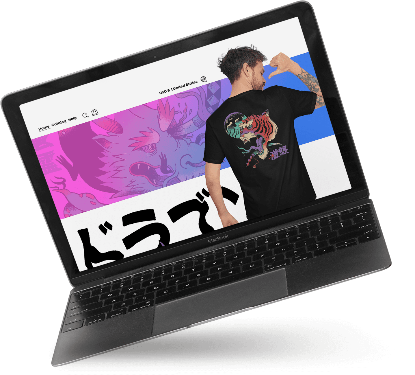 A laptop showing a merch store