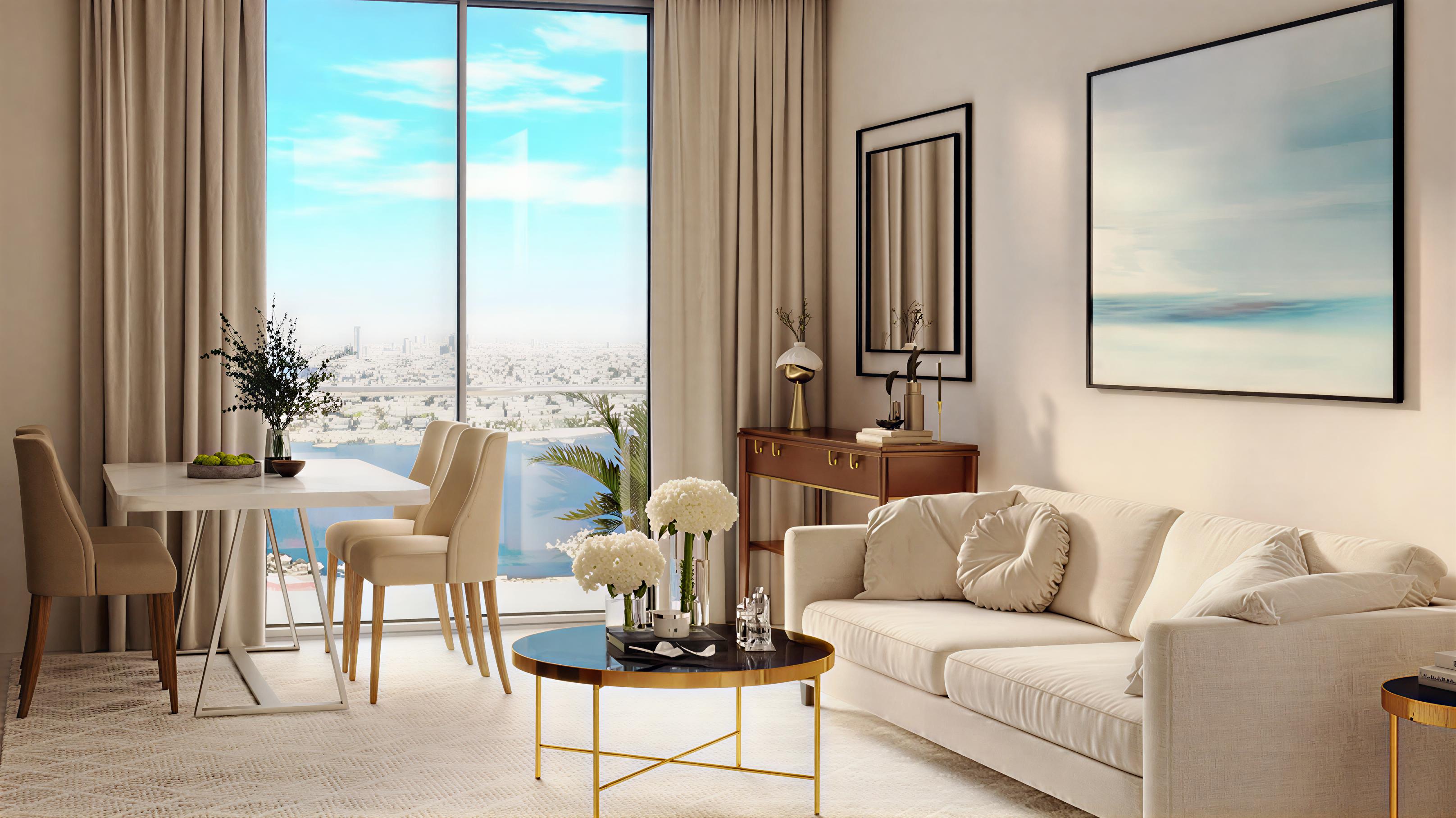 A modern living room featuring large windows with a scenic view of the water in downtown Tiger.