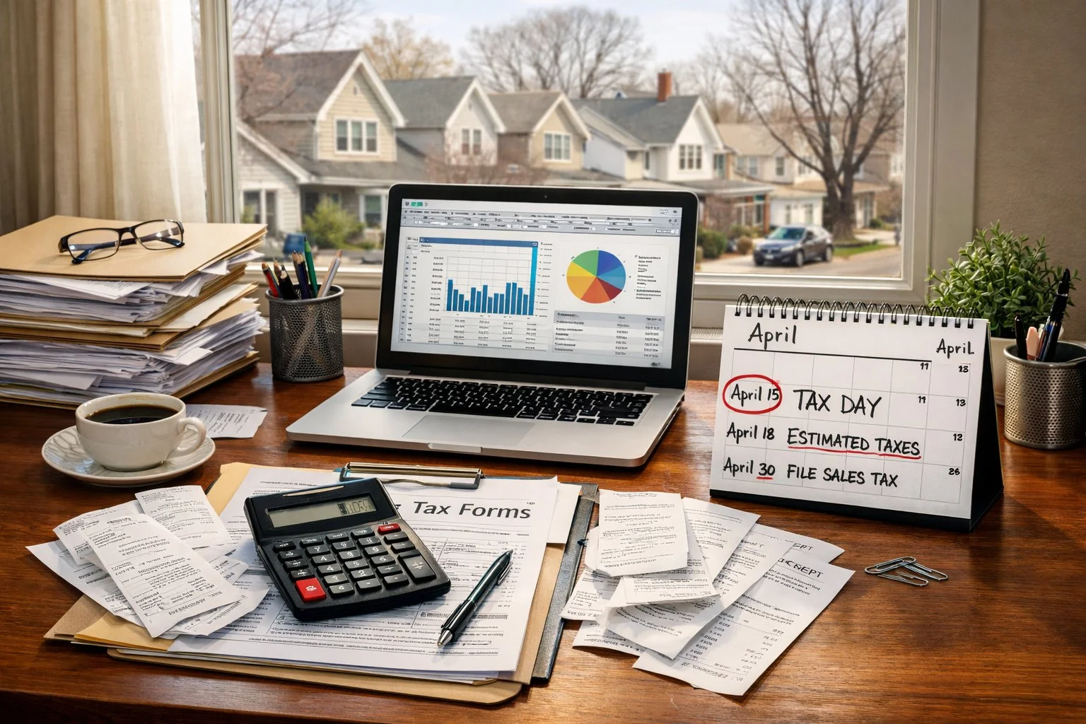 Office desk of a small business owner preparing for tax season, with stacks of financial documents, calculator, laptop showing spreadsheets, receipts, and a calendar marked with tax deadlines