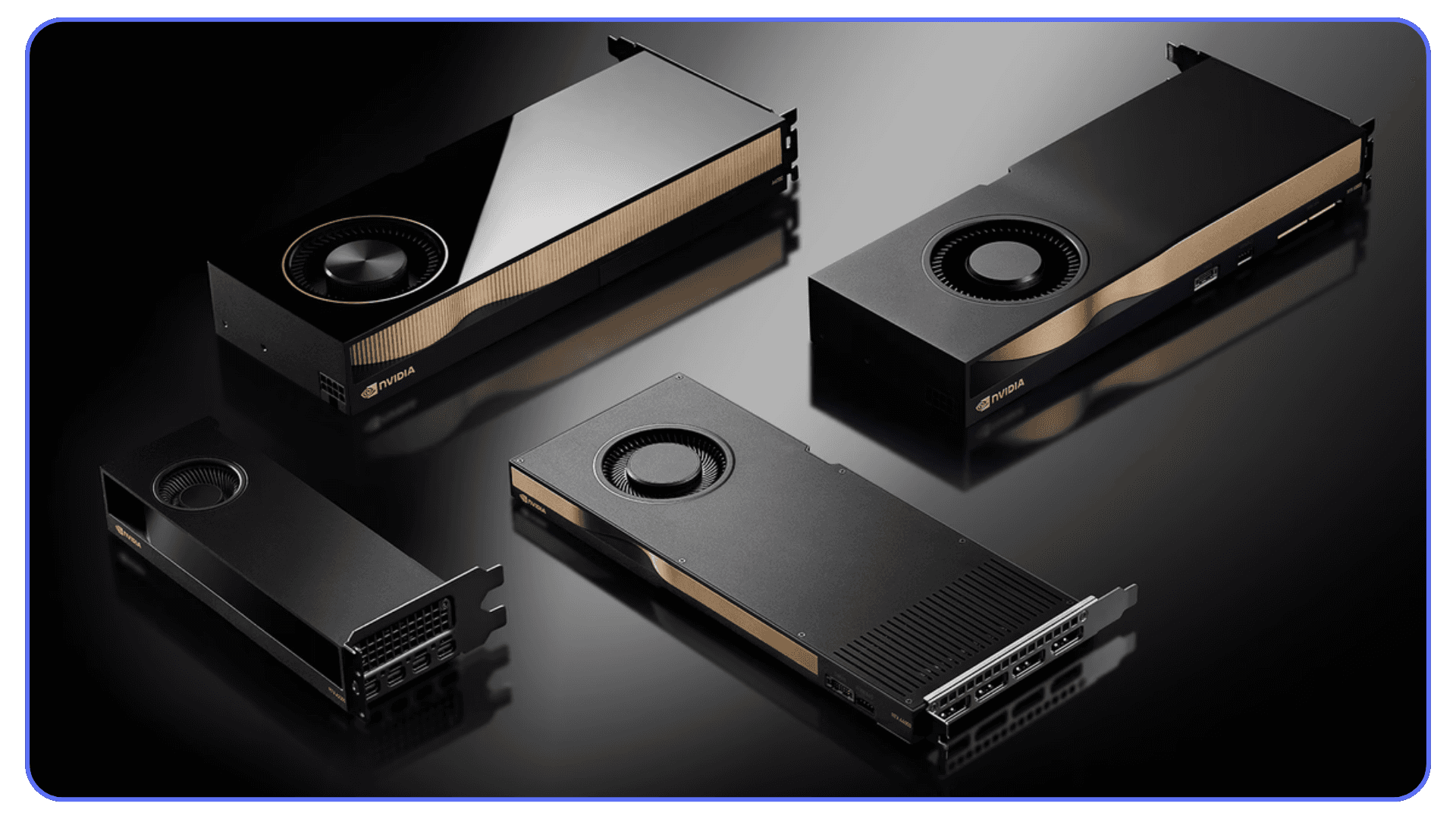 A collection of Nvidia workstation graphics cards arranged on a reflective black surface.